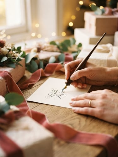 Warm editorial photography of hands writing a personalized gift card with elegant calligraphy pen, surrounded by soft-focus premium gift packaging, deep rose ribbons, and soft golden light, shallow depth of field, 35mm