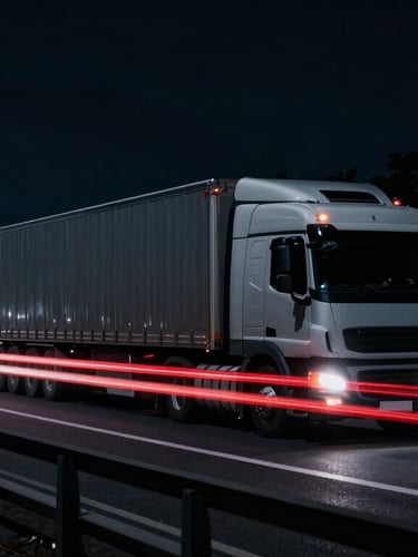 Cinematic night shot of a heavy logistics truck driving on a highway, long exposure red and white light trails, dark moody atmosphere