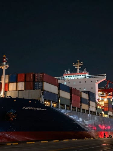 Low-angle shot of a massive cargo ship loaded with shipping containers at a harbor, dramatic industrial lighting, dark moody night scene with red accents