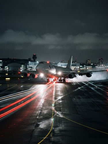 Dramatic cinematic wide-angle shot of a cargo airplane landing at night, red and white light trails on the runway, dark moody atmosphere, 35mm photography