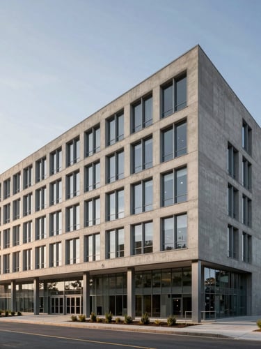 Wide architectural shot of a modern concrete and steel corporate headquarters, clean structural lines, cool morning daylight, soft shadows.