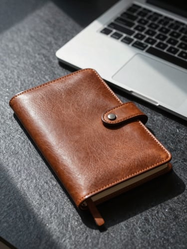 A close-up of a physical leather notebook next to a sleek modern laptop on a dark slate desk, natural cool daylight, sharp shadows.