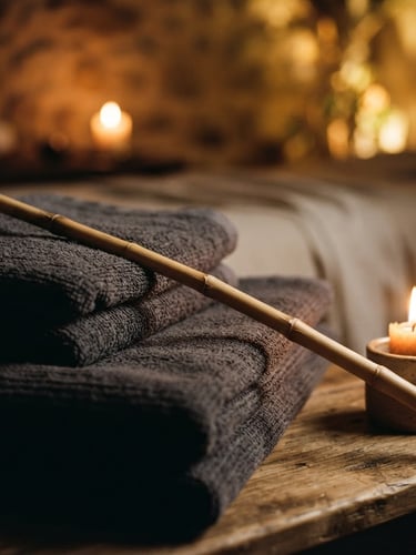 Macro shot of warm candlelit massage room with folded charcoal towels and a single bamboo stalk, soft golden-hour light