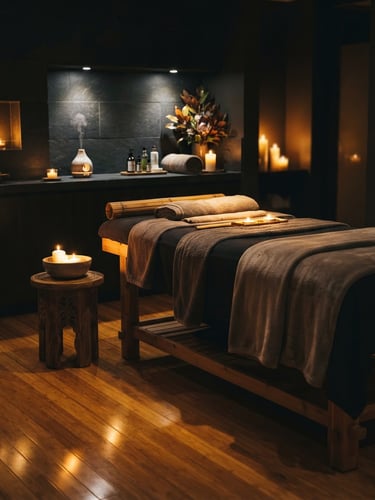 Warm candlelit treatment room with soft golden reflections on polished bamboo, premium spa near me theme, low-key lighting, shallow depth of field, 35mm