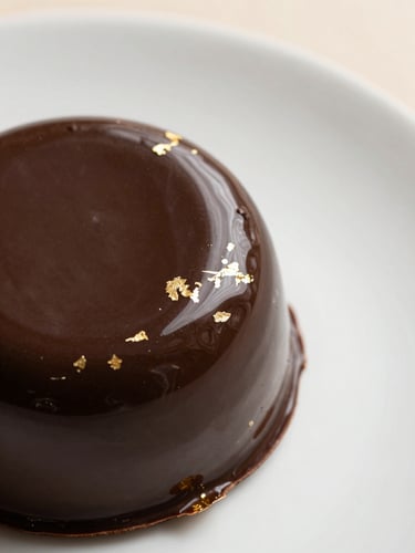 Overhead close-up of a plated dessert — dark chocolate fondant with gold leaf accent on a white plate, glossy ganache catching studio strobe light, sharp focus on the glaze texture, minimal cream surface background