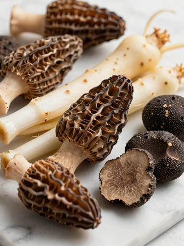 Extreme close-up of seasonal ingredients arranged on a marble surface — morel mushrooms, spring ramps, and fresh black truffle sliced in cross-section, bright studio daylight from the left, sharp focus on texture and cut detail, no garnish styling