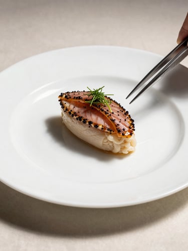 Extreme close-up of a precisely plated entrée on a white bone china plate, surgical studio lighting from upper left casting sharp shadows, garnish placed with tweezers visible at frame edge, cream linen surface beneath, no faces
