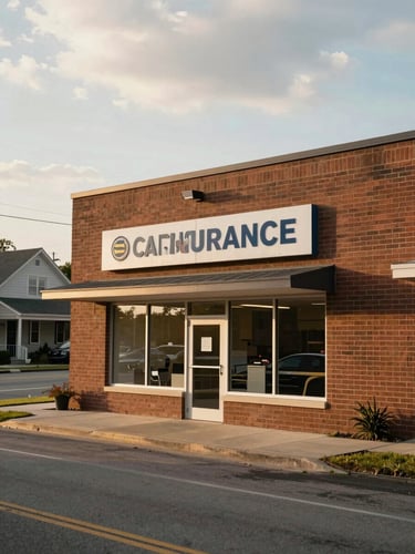 Environmental medium-wide shot of the Fayetteville Car Insurance office exterior on Hay Street, warm overcast daylight, brick facade and office window visible, quiet neighborhood street in the background, no people in foreground