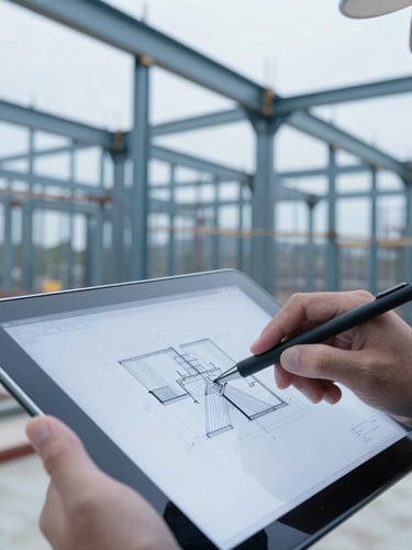 Extreme close-up of a structural engineer analyzing a CAD drawing on a tablet screen on an active construction site with steel framing in the background, cool blue tones, high-contrast, 35mm lens