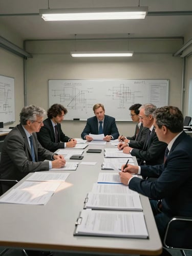 Wide interior shot of an industrial union meeting room in session, engineers and procurement managers reviewing documents at a long table, facility fluorescent lighting casting hard shadows on printed regulatory binders, steel chairs and whiteboards with technical diagrams visible, no posed expressions