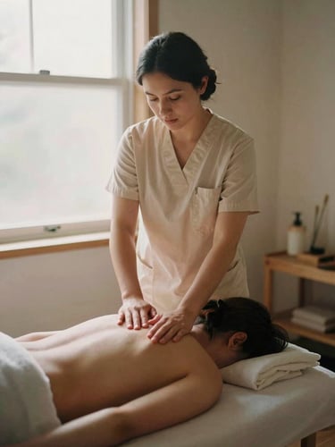 Portrait of a professional clinical massage therapist in a sunlit, minimalist treatment room, warm editorial photography, soft diffused window light, 35mm film