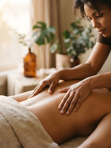 Close-up of hands-on massage therapy, soft diffused golden-hour window light on linen sheets, organic earth tones, shallow depth of field, 35mm film