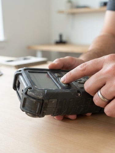 Close-up of a product being stress-tested in a home environment, showing hands operating a device, bright neutral studio lighting, sharp focus, realistic textures, minimal white background, 50mm lens.