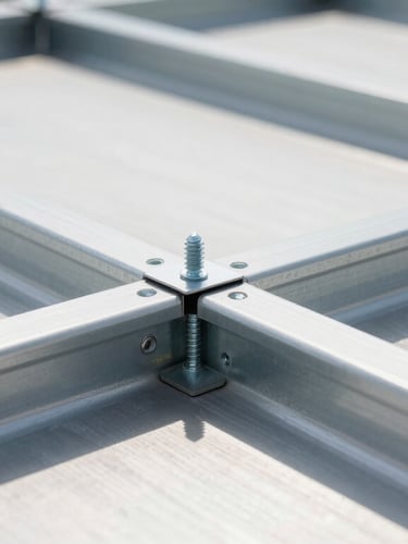 Close-up of clean, precise lightweight steel joints and screws on a modern roof construction, bright daylight, sharp focus on metallic textures.