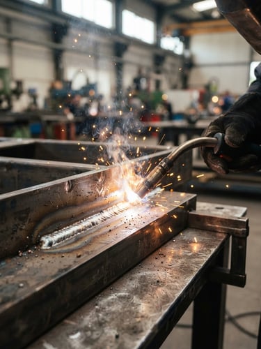 Close-up of clean weld joints with bright sparks from a welding torch, industrial workshop setting, natural daylight, high contrast metallic tones, sharp focus