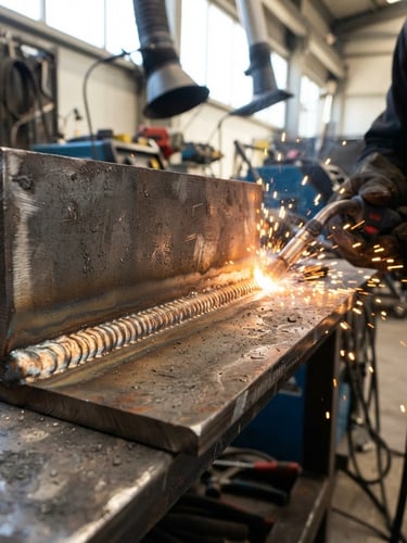 Close-up of a perfectly clean welded steel joint with golden sparks flying, bright daytime industrial workshop setting, sharp focus on the neat metallic weld bead, 35mm lens