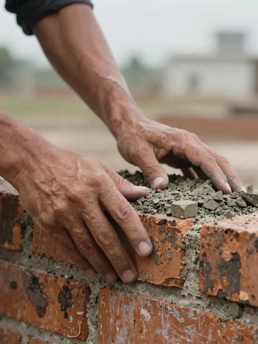 Close-up documentary-style photo of hands striking a fresh mortar joint on a brick wall, natural overcast daylight, high contrast.
