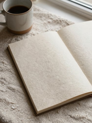 Top-down flat lay of a textured paper journal resting on raw linen next to a ceramic mug under soft morning window light, shallow depth of field