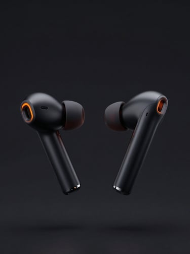 Sleek matte black wireless earbuds floating in a dark studio backdrop with subtle electric orange rim lighting, ultra-modern tech style