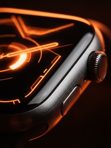 Extreme close-up of a sleek smartwatch bezel highlighting metallic curves and a glowing screen under moody neon orange studio lighting