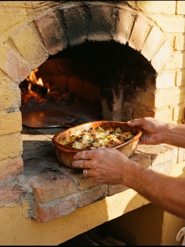 A close-up of hands placing a ceramic baking dish inside the warm, sun-drenched Yellow Brick Oven, dramatic side-light, terracotta tones, 35mm