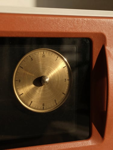 Macro architectural crop of the brushed brass dial and textured terracotta casing of the microwave oven, sharp late-afternoon side-light, deep shadows, 35mm