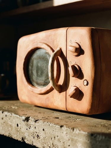 Tight architectural crop of a sculptural terracotta microwave oven sitting on a raw concrete counter, dramatic late-afternoon side-light casting deep shadows, 35mm
