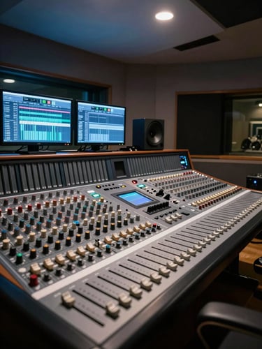 Wide shot of a professional recording studio control room from the left side, mixing board in sharp foreground, rows of faders and knobs, dual monitors glowing with DAW waveforms, cool blue-white overhead lighting, deep shadows on the right, no people visible — the equipment is the subject