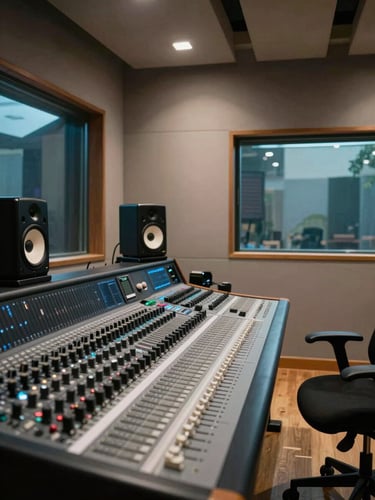 Wide editorial shot of a Mumbai recording studio interior, mixing console and DAW monitors in the foreground to the left, large acoustic-treated windows letting in cool daylight, empty artist chair visible in the right third, cool neutral tones, no people