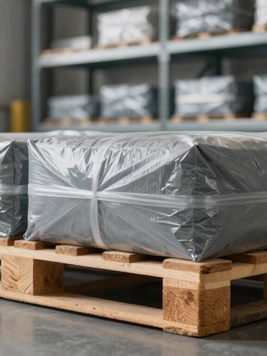 Close-up of high-quality industrial goods packaged on a clean wooden pallet inside a modern warehouse, natural light from high windows, organized slate-grey shelves in the background.