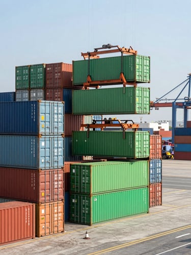 Wide shot of an organized container terminal in a Mexican port, stackers moving green containers under clear daylight, industrial precision.
