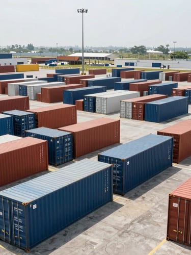 Wide-angle industrial shot of a clean, organized logistics terminal in Mexico, rows of shipping containers, bright daylight, precise alignment.