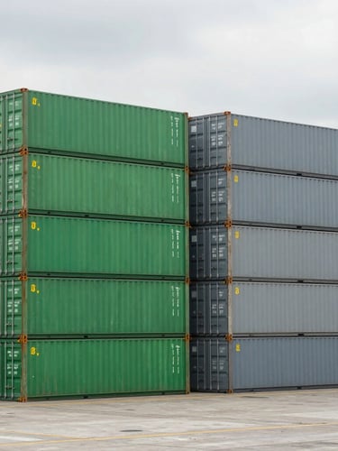 Wide shot of a modern Mexican shipping port terminal in Manzanillo, neat stacks of green and slate grey containers, daylight, professional logistics infrastructure, no people.