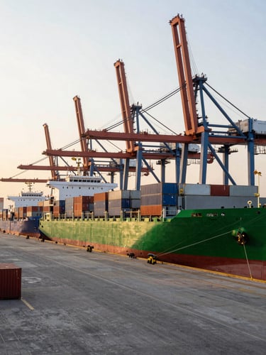 Wide panoramic shot of a modern Mexican container terminal at sunrise, clean green and slate cargo ships docked, cranes aligned, soft morning light.