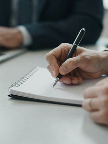 Tight macro detail of hands calmly taking notes on a clean paper pad during a meeting, soft diffused overcast daylight, muted slate tones, editorial composition