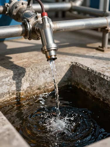 Close-up medium shot of a wastewater dosing line in active operation inside an industrial plant, a stainless steel injection point feeding chemical additive into a dark effluent flow, droplets visible mid-stream, natural overhead plant lighting casting hard shadows on concrete and pipe surfaces, framed tight on the fluid action