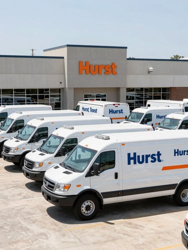 Wide shot of a fleet of clean, branded remediation vehicles parked in an organized yard, with the Hurst, Texas office building in the background. Bright daylight, sharp focus, cool slate tones with safety orange accents.