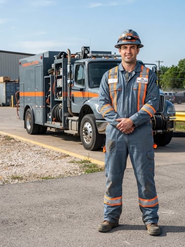 Technician in high-visibility gear, branded helmet, and clean suit, standing confidently in front of a specialized remediation vehicle. Bright daylight, sharp focus, cool slate tones with safety orange accents. Hurst, Texas in the background.