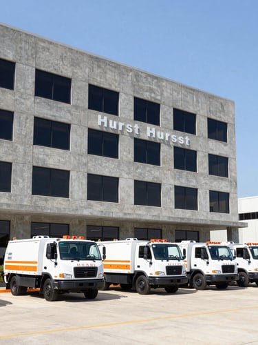 Wide shot of a professional industrial office headquarters in Hurst Texas, bright daylight, clean modern concrete facade, branded remediation fleet vehicles parked in front, sharp focus