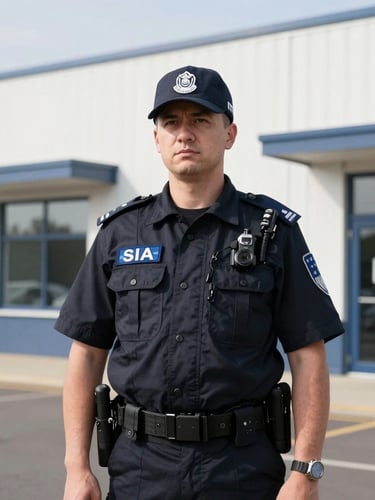 A professional SIA-licensed security guard in a clean dark uniform standing alert outside a modern commercial facility in Hampshire, bright natural daylight, sharp focus, 35mm lens.