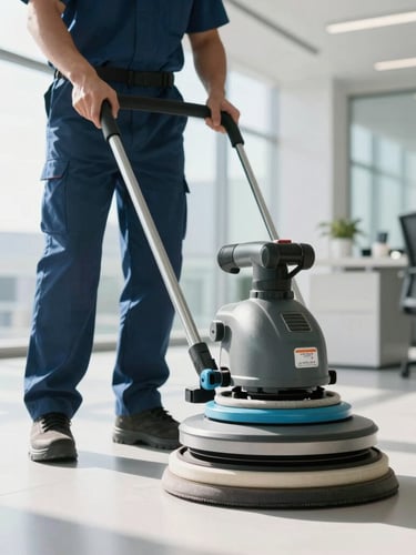Crisp editorial photography of a commercial cleaning specialist operating an industrial floor buffer in a bright, modern office lobby, high-key natural daylight, clean cool tones, sharp focus, 35mm lens