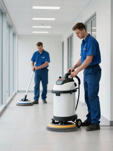 A commercial cleaning team operating specialized floor polishing equipment in a bright, modern corporate corridor in Dorset, crisp cool tones, sharp focus.