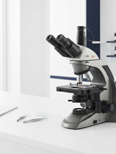 Crisp clinical photography of a modern forensic laboratory microscope, bright natural daylight, clean white background with subtle deep navy accents, 50mm lens, generous negative space on the left.