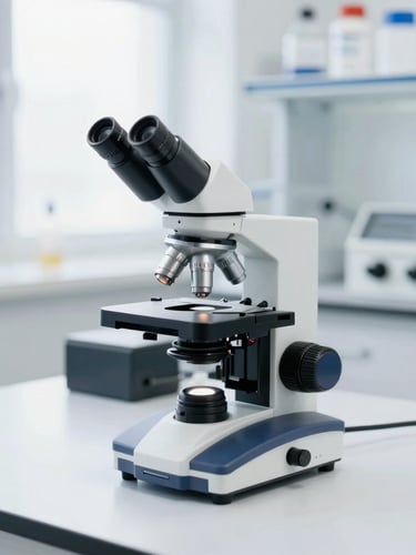 Medium shot of a pristine forensic laboratory counter with a modern microscope and evidence markers, bright diffused natural daylight, clean white background, deep navy accents, 50mm.
