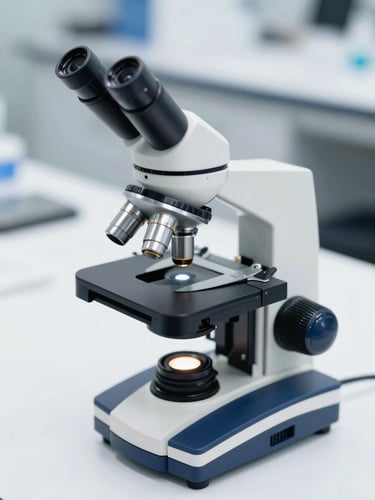 Macro shot of a modern microscope on a clean white laboratory table, bright diffused natural daylight, deep navy accents in the background.