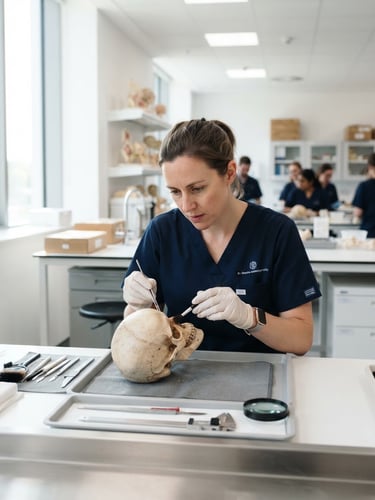 Medium shot of a focused professional in a modern, brightly lit forensic training environment, crisp clinical photography, 50mm.