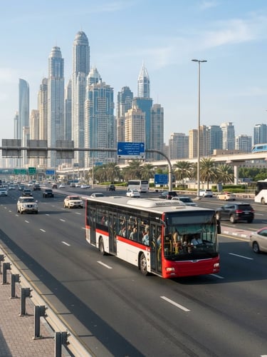 A clean modern passenger transit vehicle driving on a bright Dubai highway during morning commute hours, bright natural daylight, realistic colors, sharp focus.