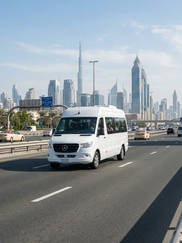 A clean modern passenger van driving on a bright, sunlit multi-lane highway in Dubai, modern high-rise buildings in the far background, clear daylight, 35mm lens