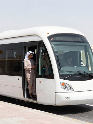 A passenger boarding a clean, modern air-conditioned vehicle in Sharjah, bright natural morning daylight, eye-level medium shot, realistic colors.