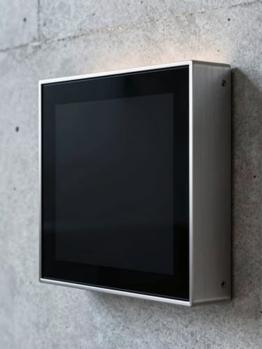 Close-up of a minimalist wall reader integrated into a modern concrete wall, cool natural architectural light, sharp focus on anodized metal and matte black glass